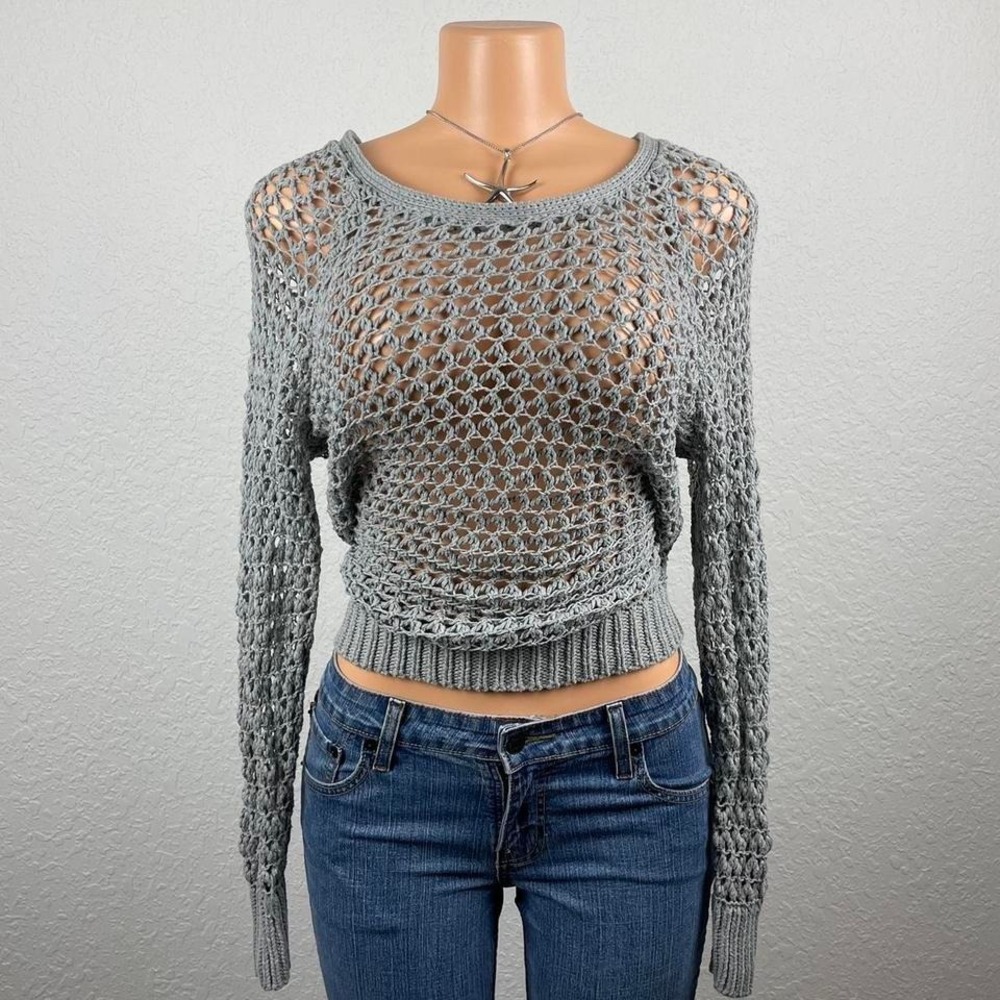 Gray Y2K‎ style crochet coastal knit sweater